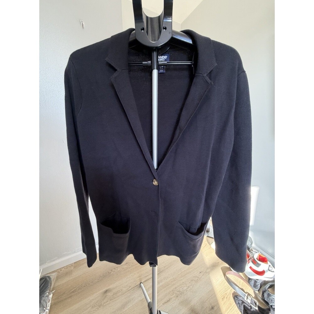 Lands' End Black Knit Cardigan Sweater Womens PL Collared Button Pockets